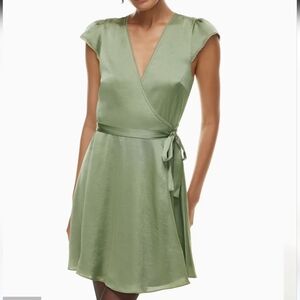 Wilfred Aritzia Mademoiselle Satin V Neck Wrap Mini Dress Sage Green Tie Waist